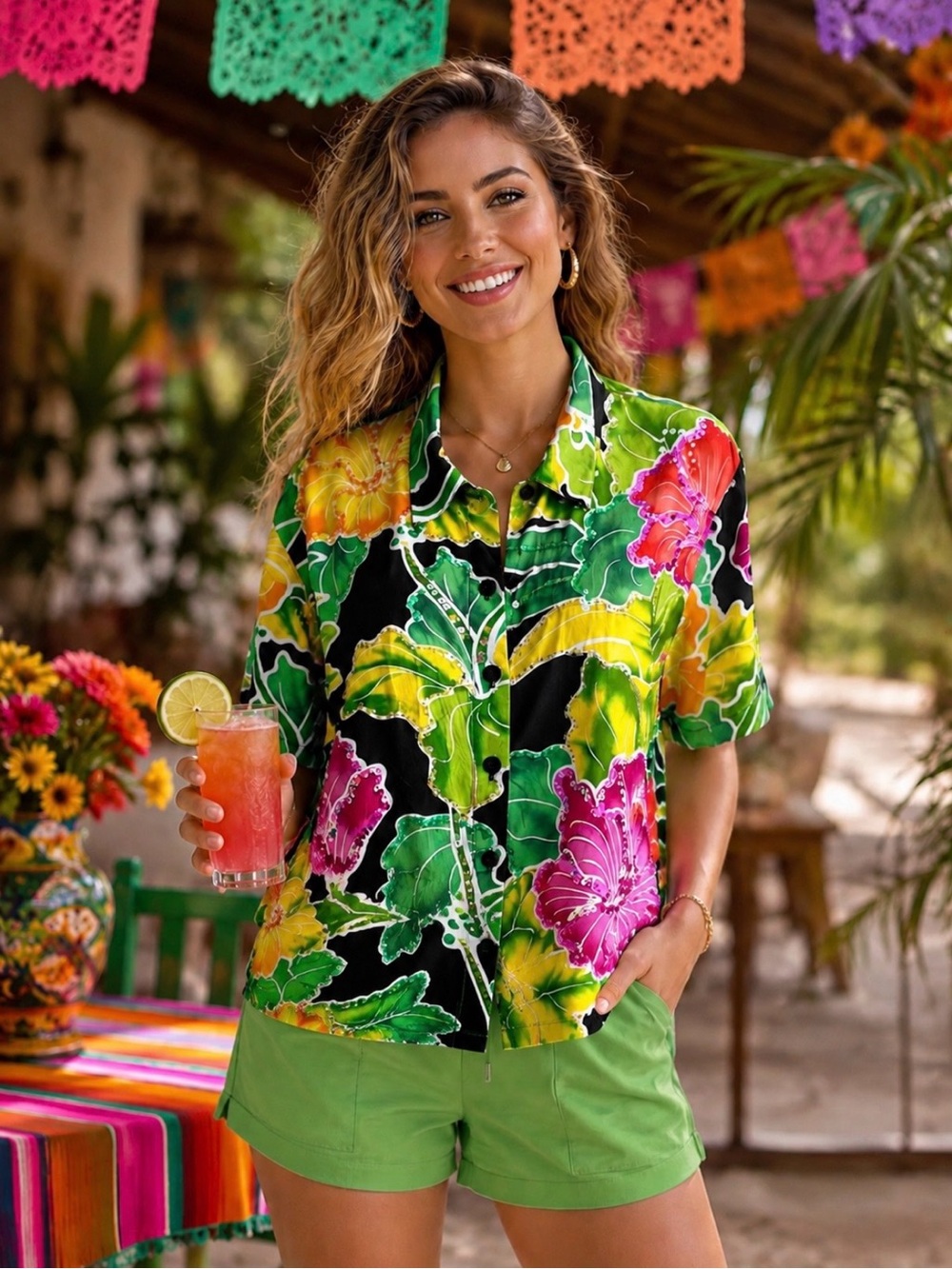 SURYA tropical print crop short sleeve blouse with sequin accents